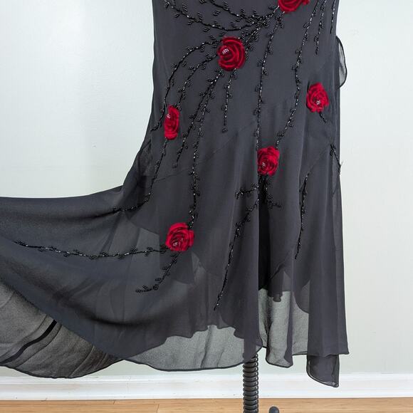 Vintage Sue Wong Maxi Dress Gown 6 Black Red Y2K Fairy Goth Silk Floral Velvet - Picture 5 of 16